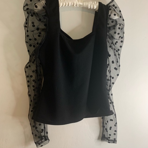 Shein Black Top Embellished Sweater Sheer Polka Dot Puff Long Sleeve Womens Sz L - Picture 10 of 16